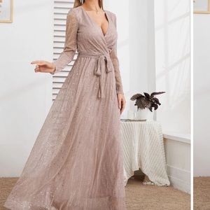 Glitter Surplice Plunging Belted Maxi Dress